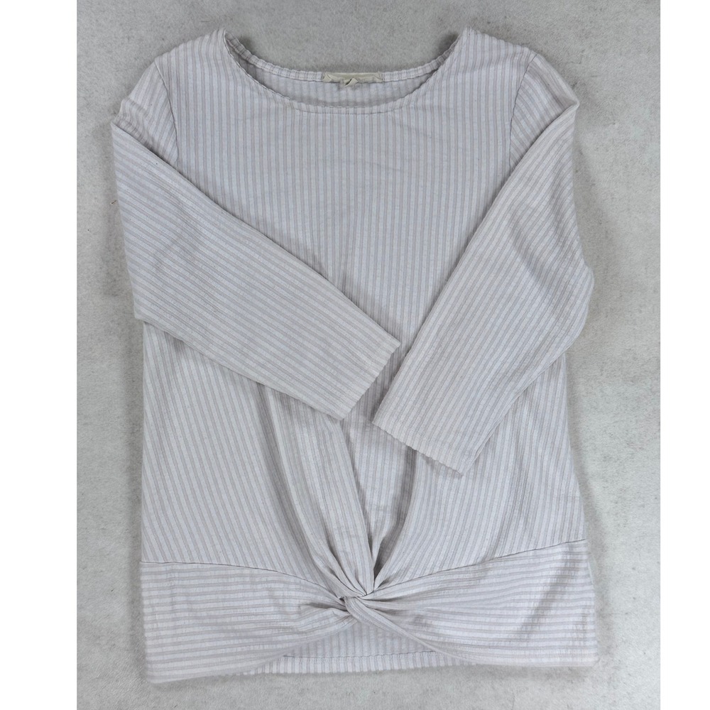 Above and Beyond Striped Ribbed Front Twist Knot Long Sleeve Top Cream Small